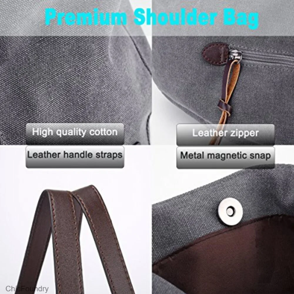 Multi-Pocket Canvas Shoulder Bag Tote Purse with Magnetic Snap Closure